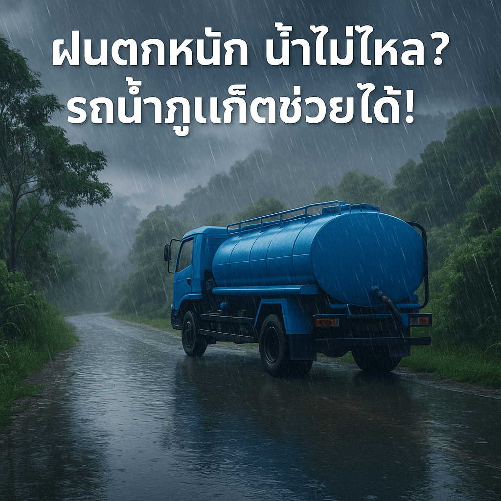 รถน้ำจอดบนถนนกลางสายฝนในภูเก็ต พร้อมข้อความ “ฝนตกหนัก น้ำไม่ไหล? รถน้ำภูเก็ตช่วยได้!”